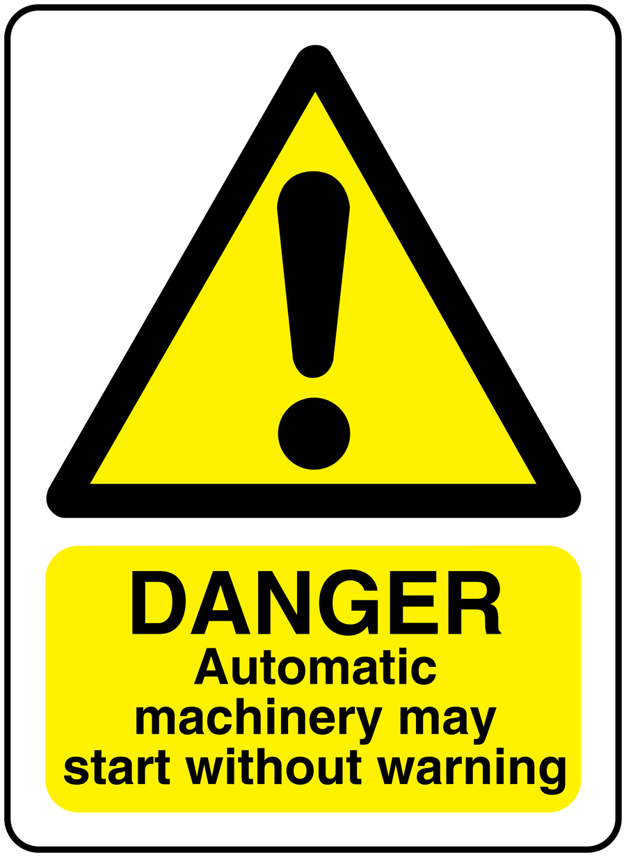 Warning danger automatic machinery sticker with yellow triangle and exclamation text