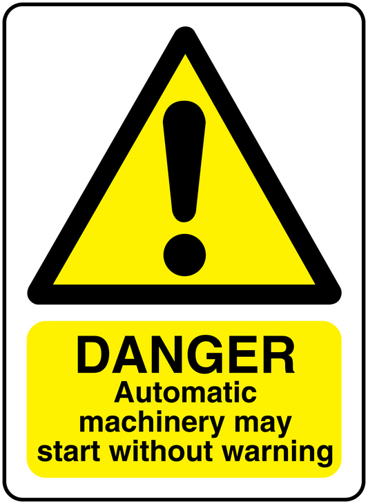 Warning danger automatic machinery sticker with yellow triangle and exclamation text