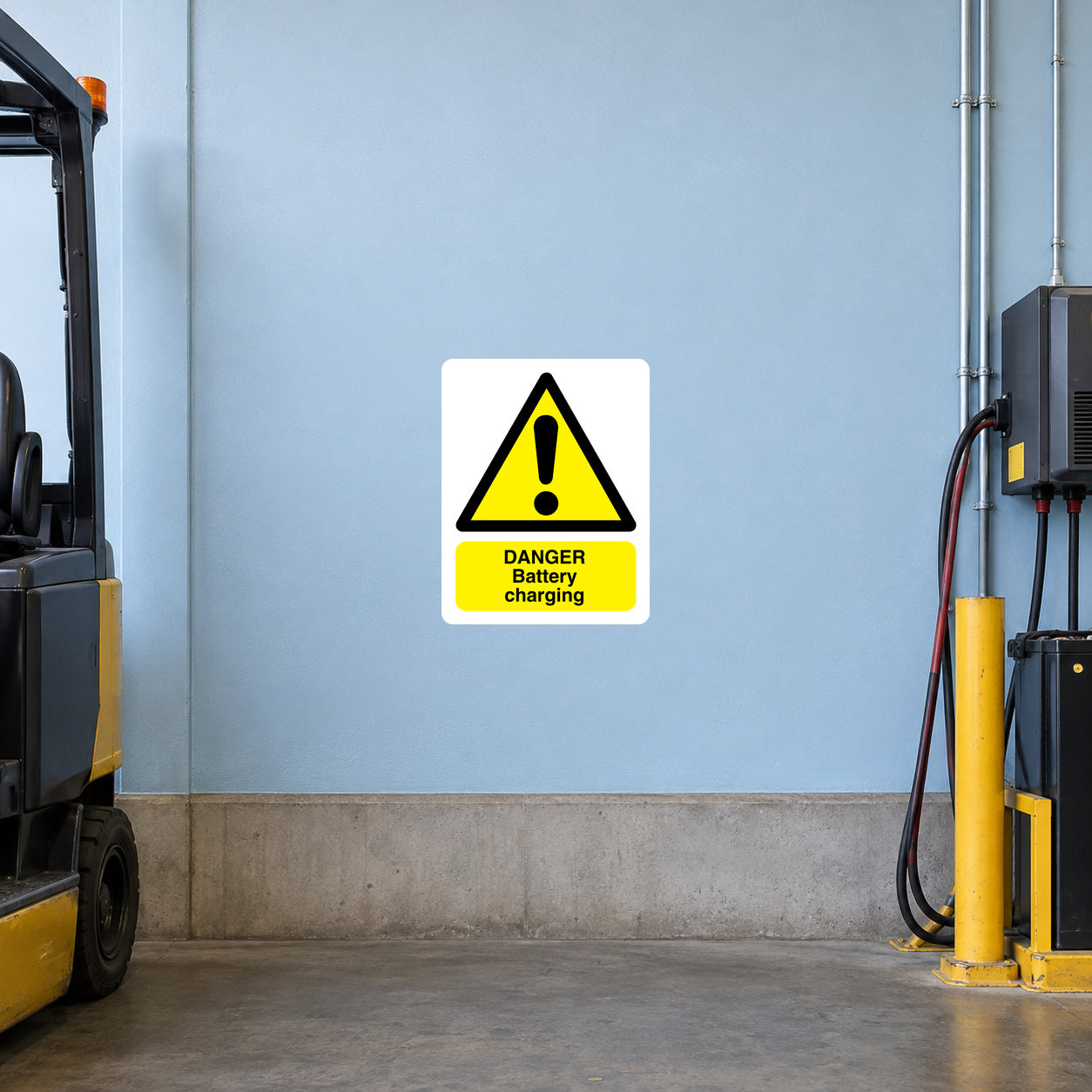 Danger battery charging warning sticker with yellow hazard symbol and text
