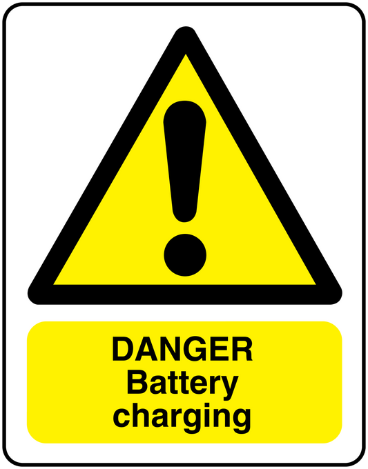Danger battery charging sticker with yellow warning triangle and DANGER text