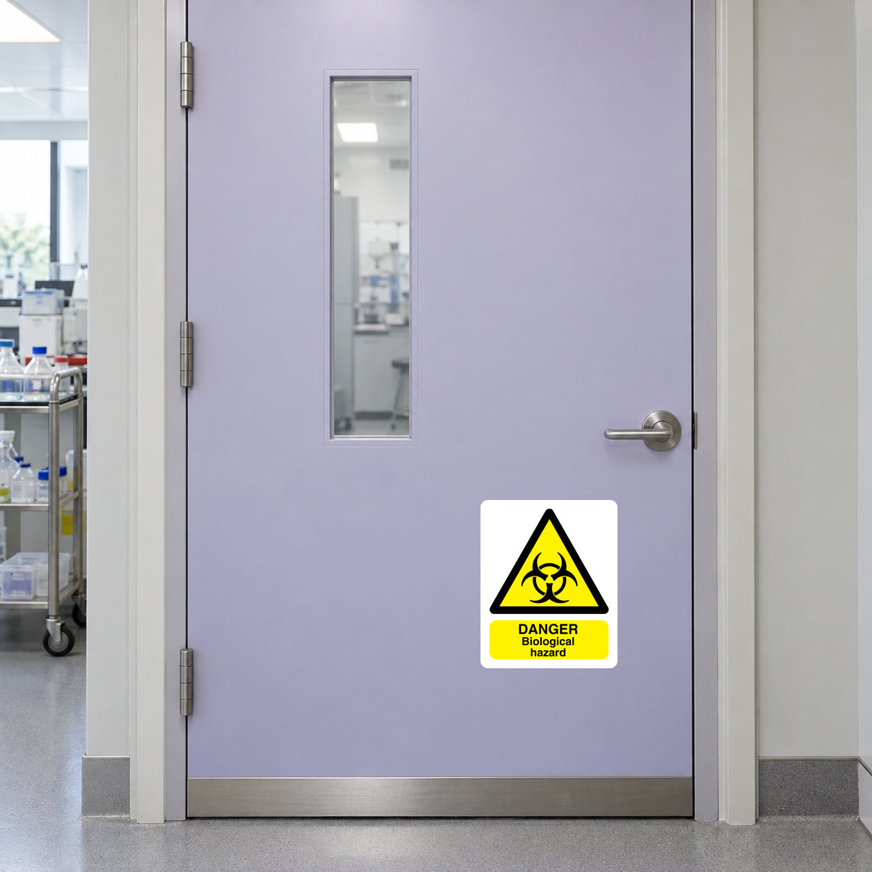 Biological hazard danger sticker with yellow biohazard symbol and black text