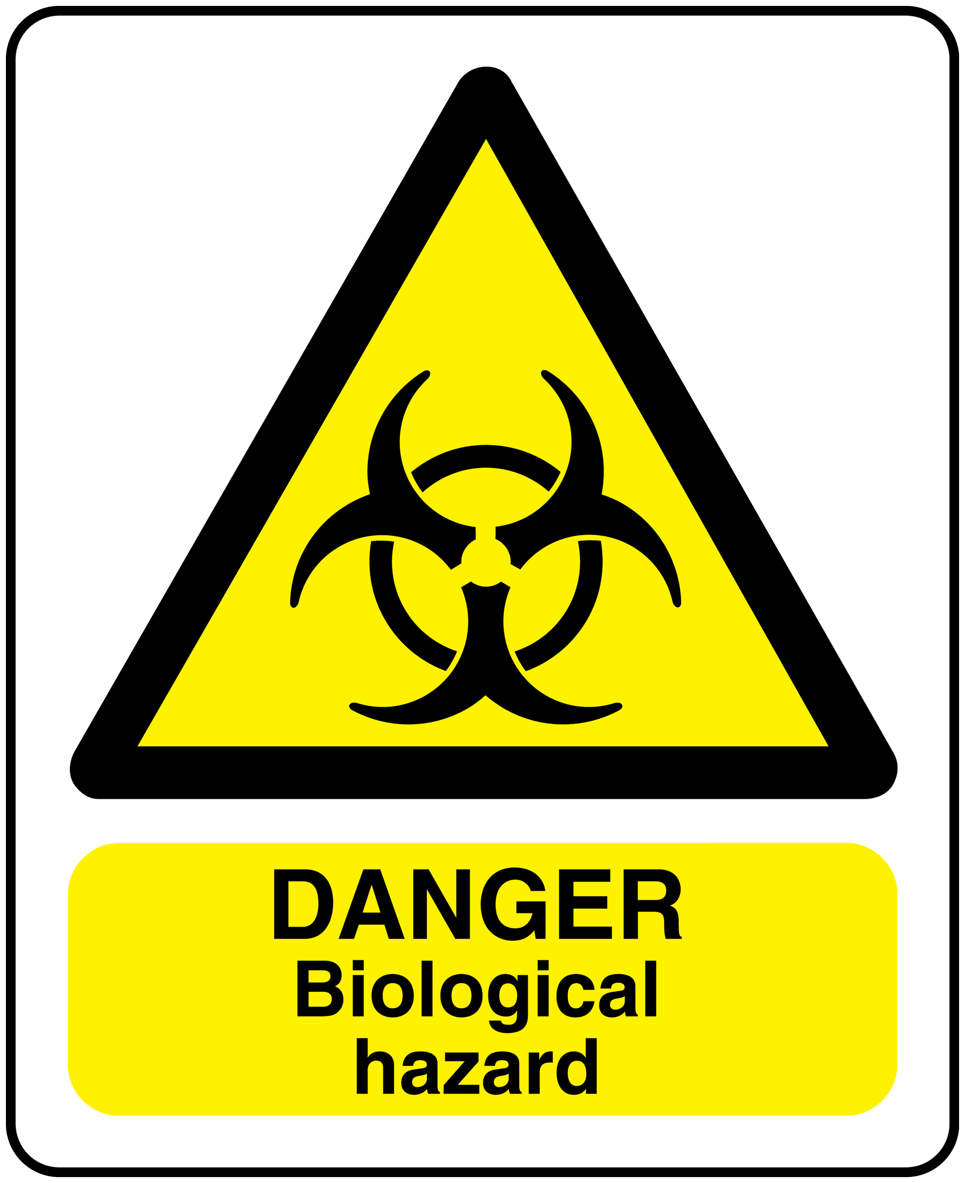 Yellow biohazard warning sticker with black triangle and DANGER Biological hazard text
