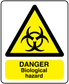 Yellow biohazard warning sticker with black triangle and DANGER Biological hazard text
