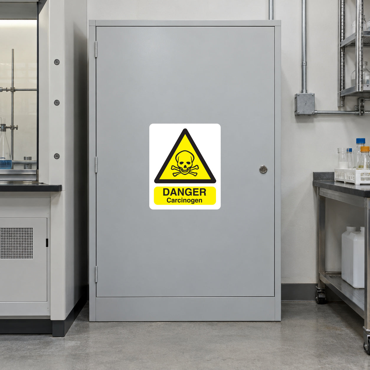 Danger Carcinogen Sticker applied in Closed broad light-gray chemical storage cabinet in an industrial research laboratory, smooth single central door, lock far right, fume hood edge far left.