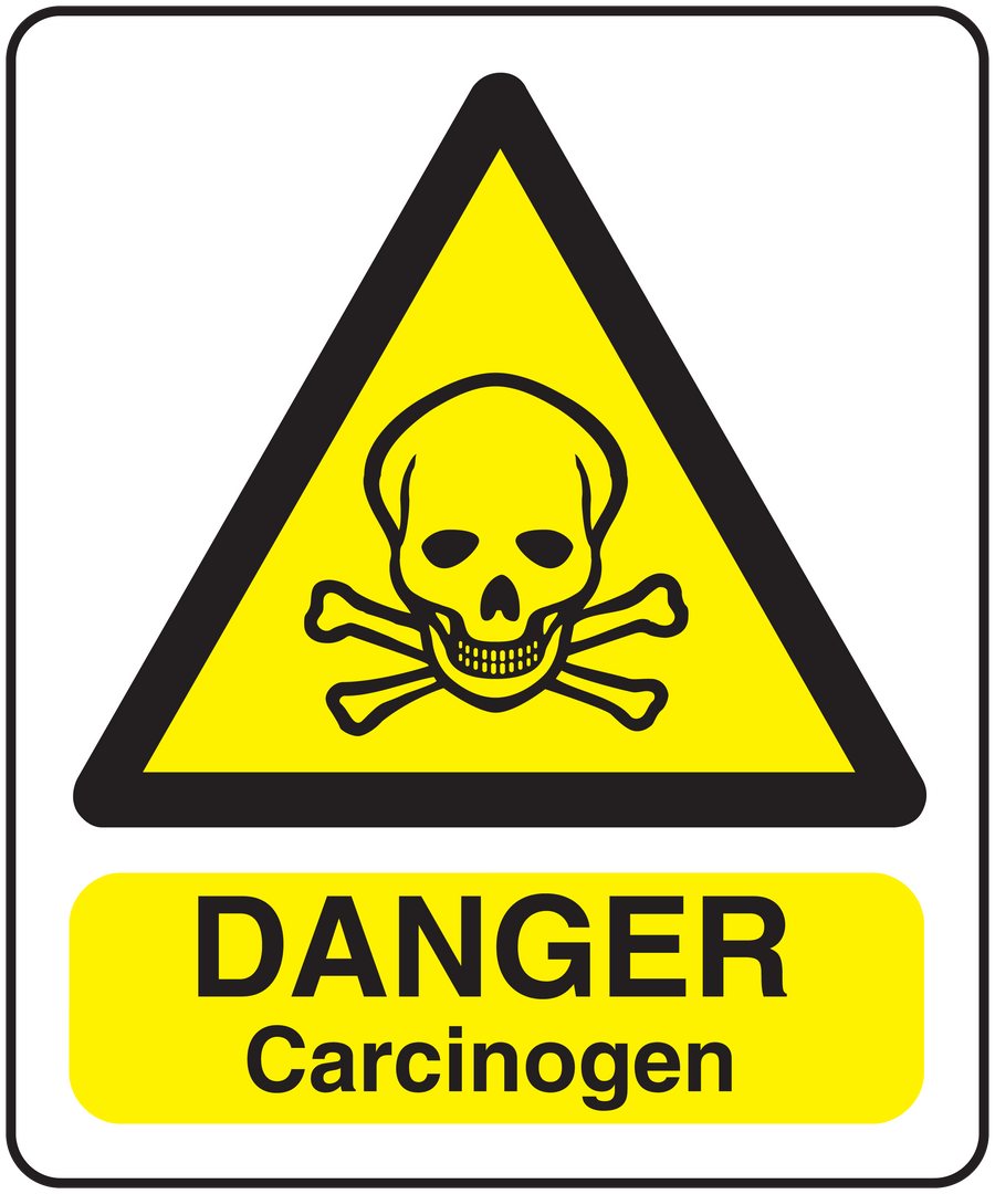 Danger carcinogen warning sticker: yellow triangle skull and crossbones, DANGER Carcinogen text