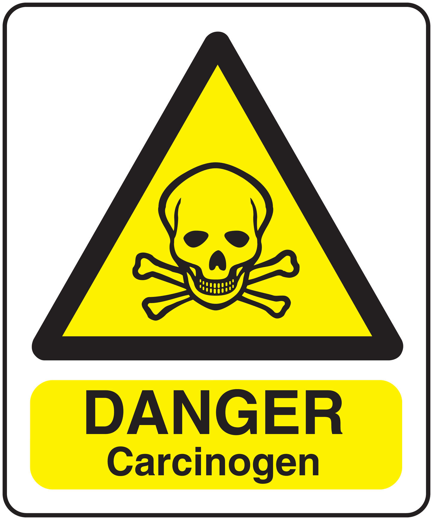 Danger carcinogen warning sticker: yellow triangle skull and crossbones, DANGER Carcinogen text