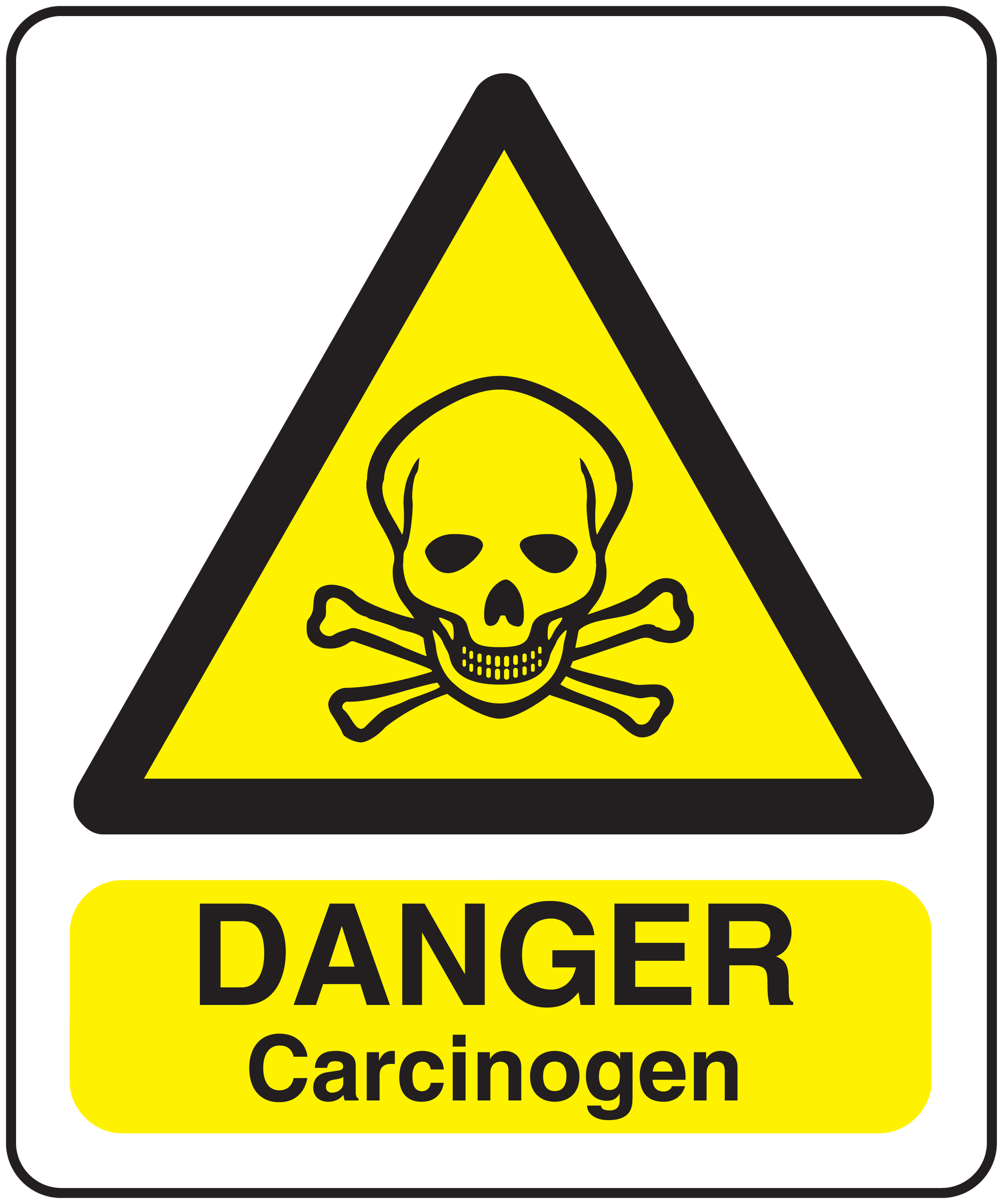 Danger carcinogen warning sticker: yellow triangle skull and crossbones, DANGER Carcinogen text
