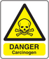 Danger carcinogen warning sticker: yellow triangle skull and crossbones, DANGER Carcinogen text
