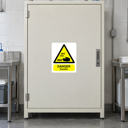 Danger Caustic sticker with yellow warning triangle and DANGER Caustic text