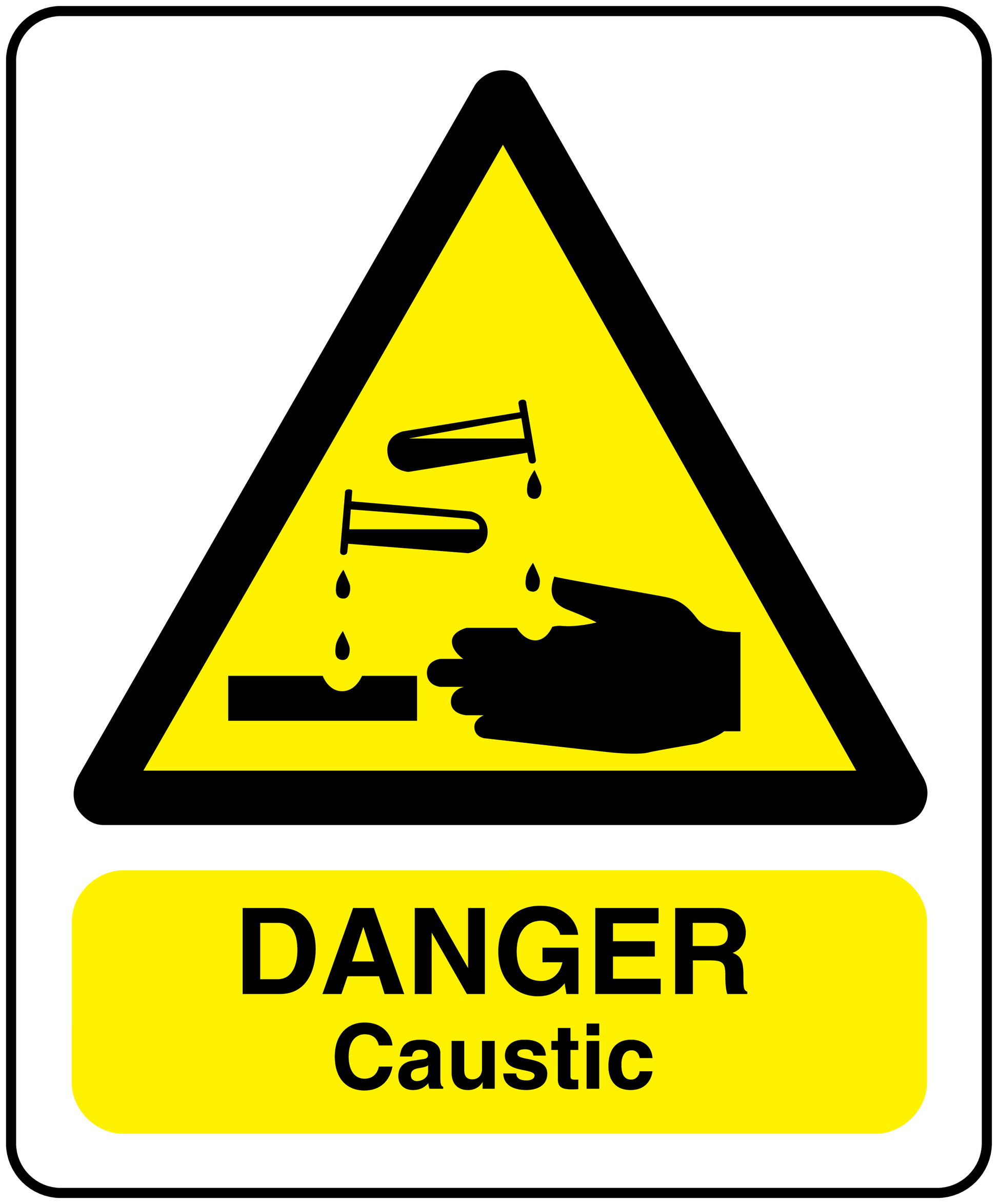 Caustic danger warning sticker with yellow triangle, dripping hand symbol, and DANGER Caustic text