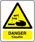 Caustic danger warning sticker with yellow triangle, dripping hand symbol, and DANGER Caustic text