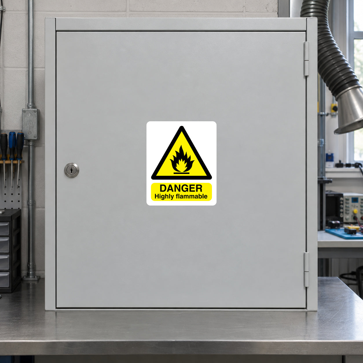 Highly flammable danger sticker with flame icon and yellow warning label