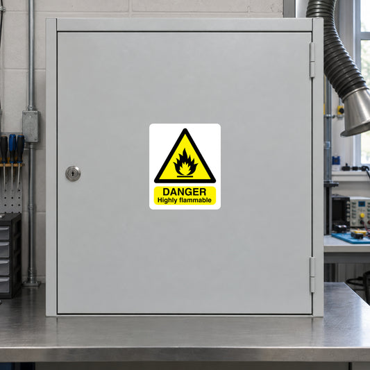 Highly flammable danger sticker with flame icon and yellow warning label