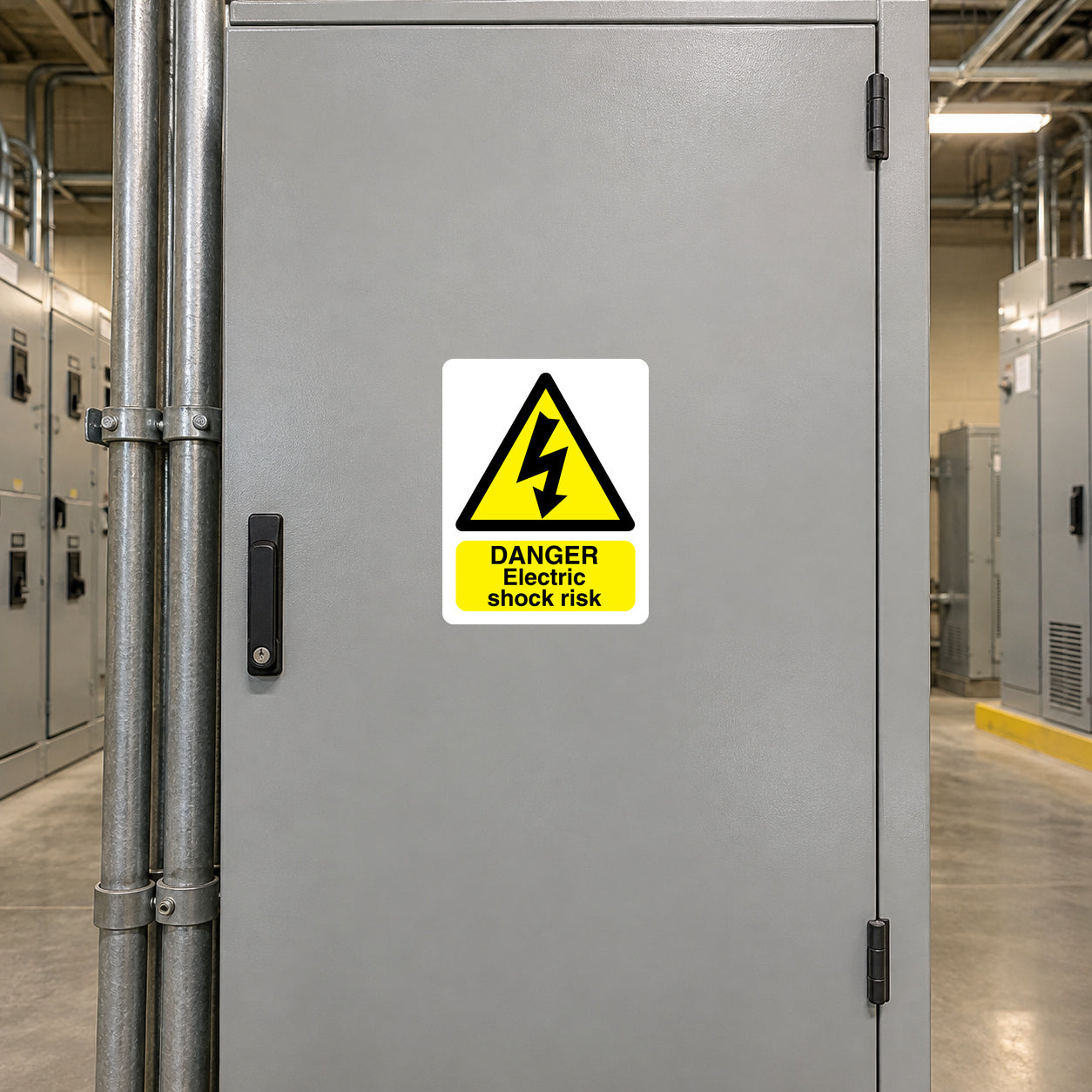Danger Electric Shock Risk sticker on a closed industrial electrical cabinet