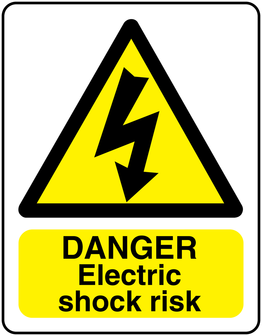 Danger electric shock risk sticker with yellow triangle and bold black warning text
