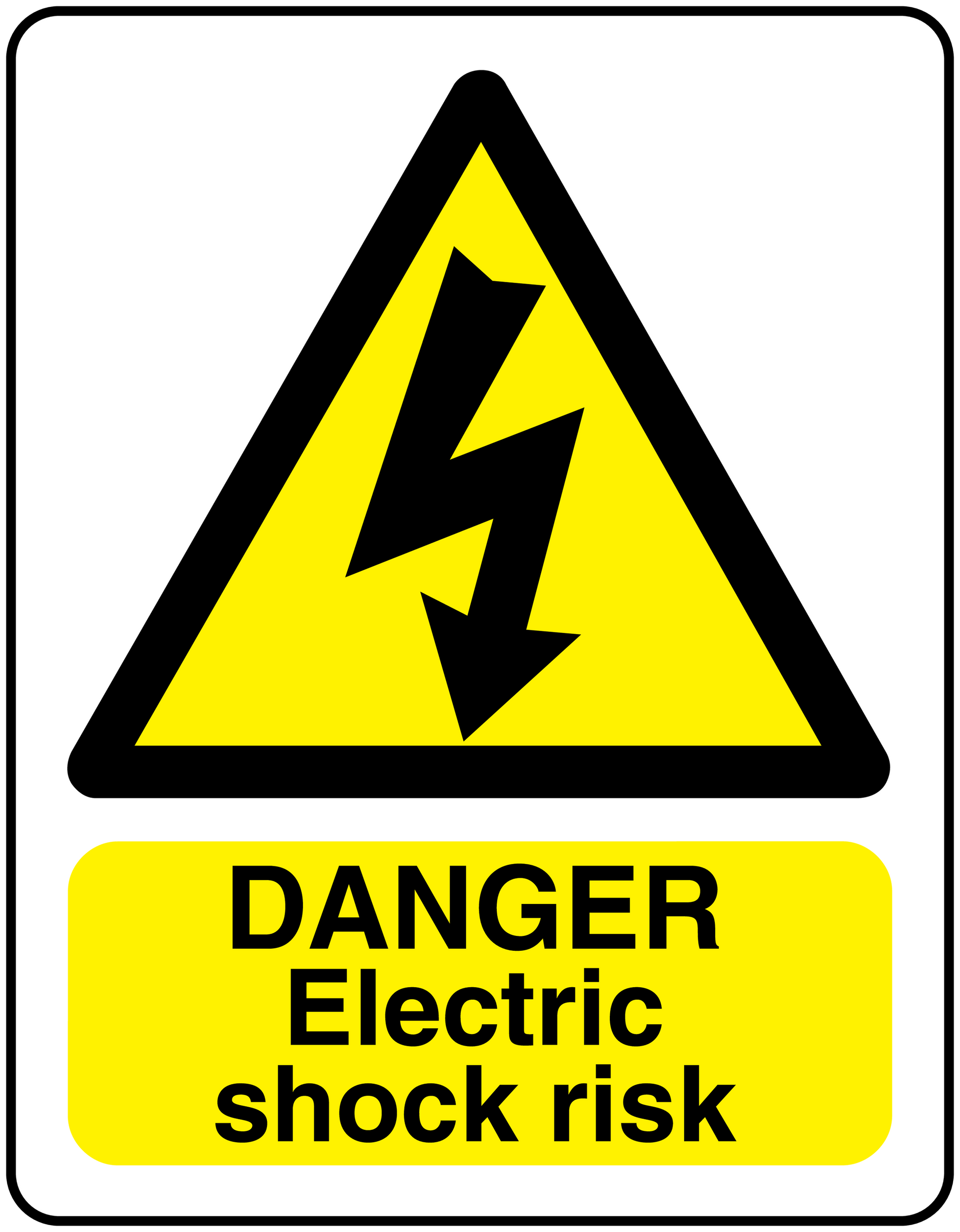 Danger electric shock risk sticker with yellow triangle and bold black warning text