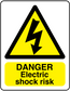 Danger electric shock risk sticker with yellow triangle and bold black warning text