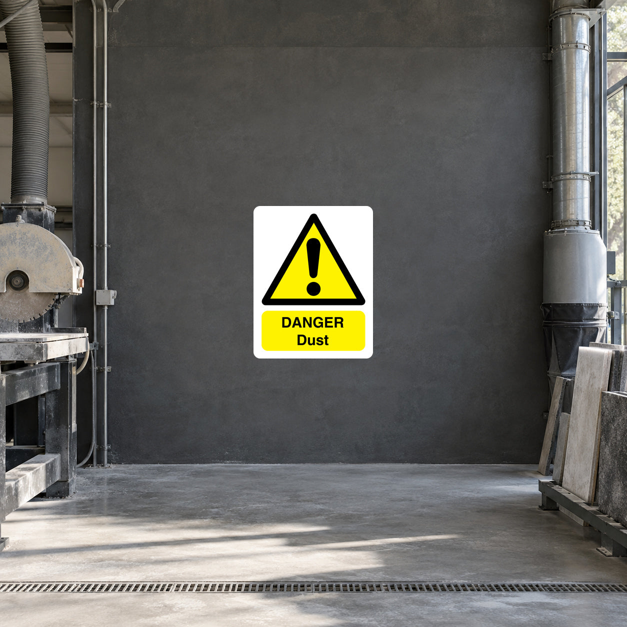 Danger sign sticker, square white with yellow triangle and “DANGER Dust” text
