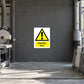 Danger sign sticker, square white with yellow triangle and “DANGER Dust” text