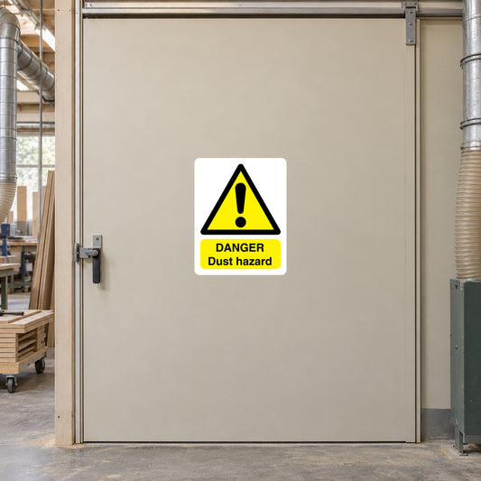 Danger dust hazard warning sticker: yellow triangle with exclamation mark