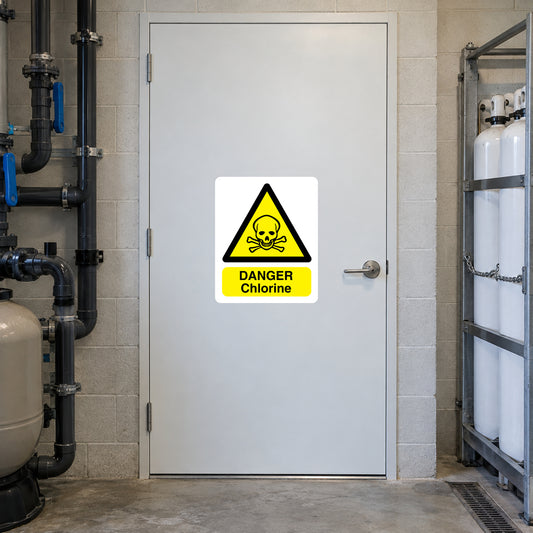Danger chlorine warning sticker with yellow hazard triangle and 'DANGER Chlorine' text