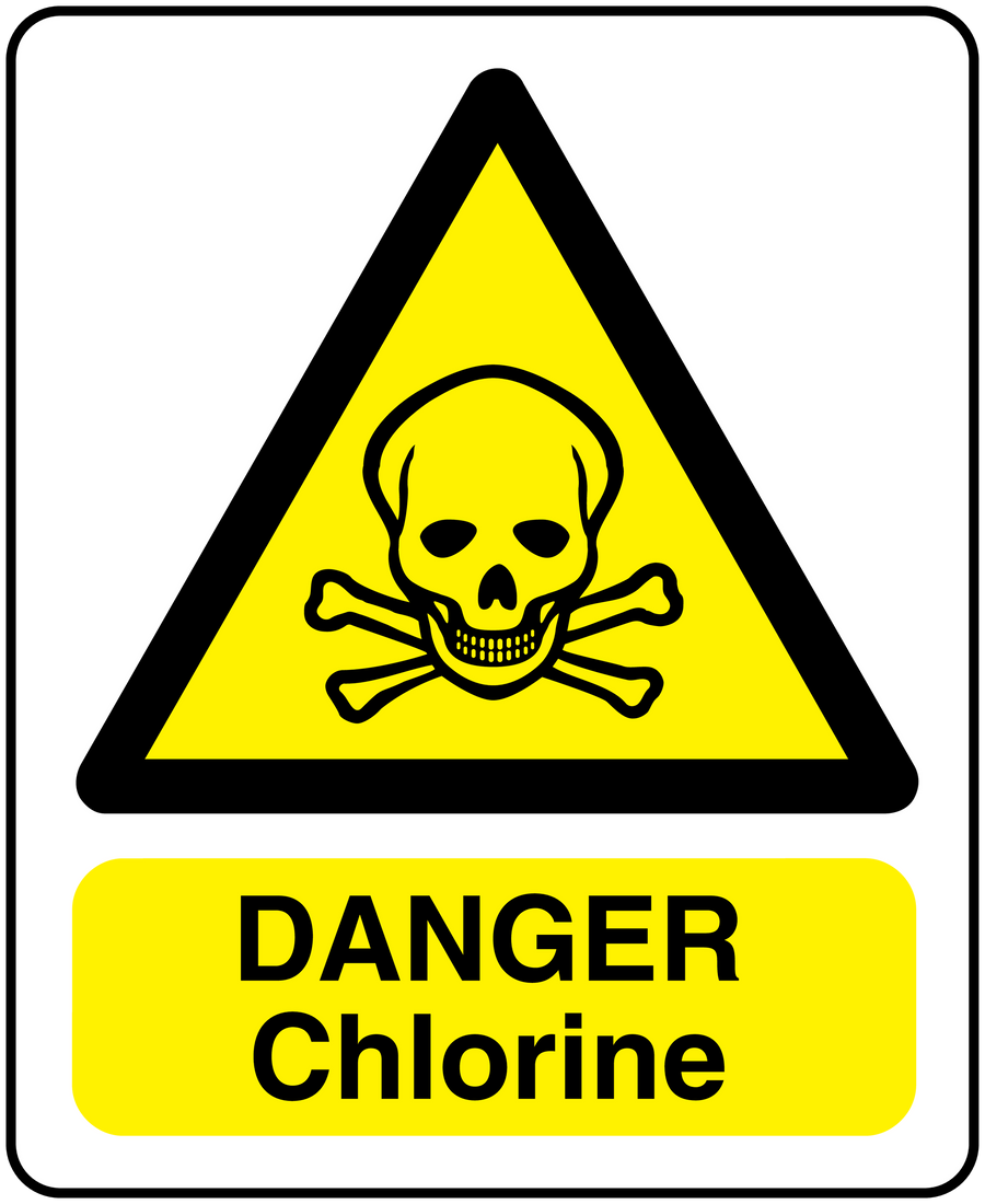 Danger chlorine warning sticker with yellow triangle skull and crossbones and "Danger Chlorine"