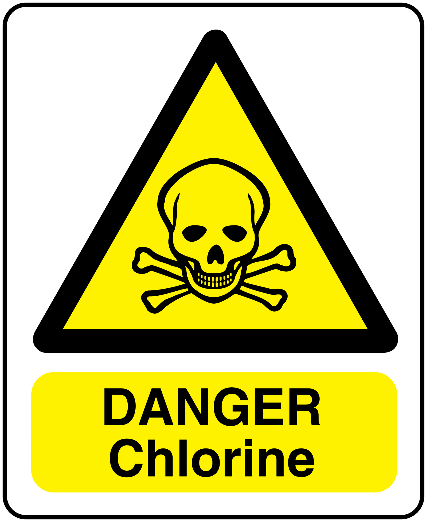 Danger chlorine warning sticker with yellow triangle skull and crossbones and "Danger Chlorine"