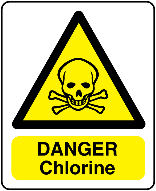 Danger chlorine warning sticker with yellow triangle skull and crossbones and "Danger Chlorine"