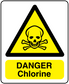Danger chlorine warning sticker with yellow triangle skull and crossbones and "Danger Chlorine"