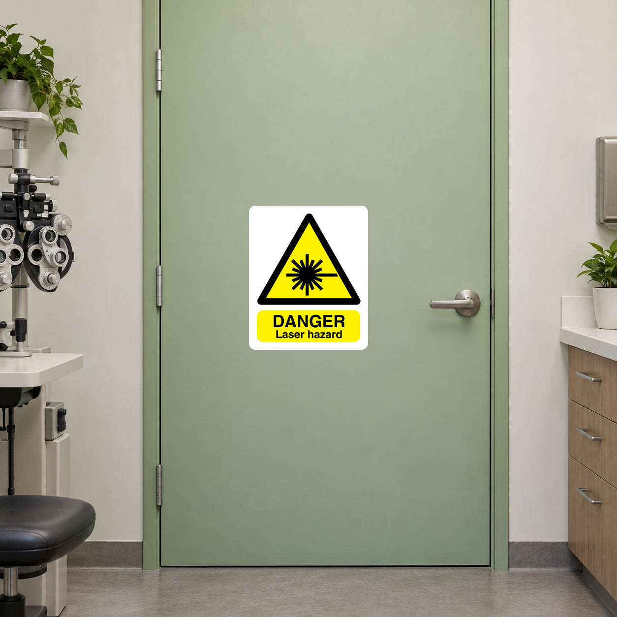 Laser hazard warning sticker with yellow triangle and DANGER text