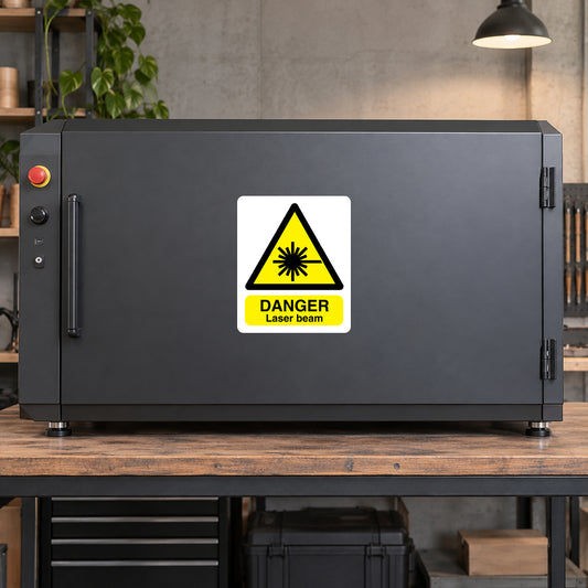 Safety warning laser beam sticker with yellow triangle and red “DANGER” label