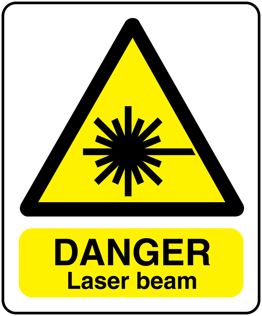 Danger Laser beam warning sticker with yellow hazard triangle and bold black text