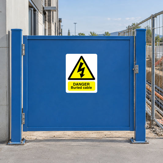 Danger buried cable sticker on blue metal gate door