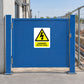 Danger buried cable sticker on blue metal gate door