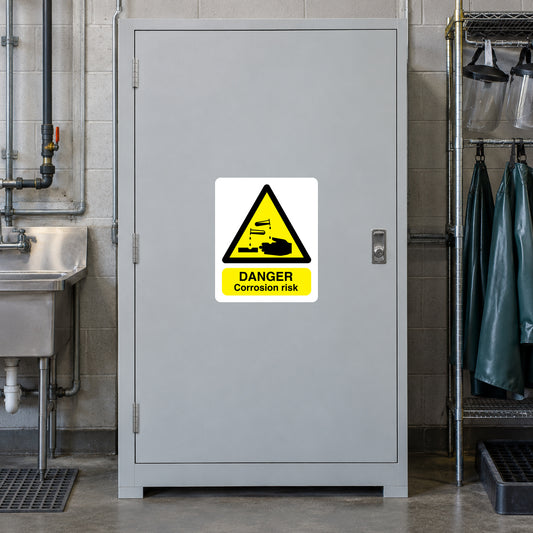 Danger Corrosion risk sticker with yellow warning icon on white label