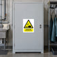 Danger Corrosion risk sticker with yellow warning icon on white label