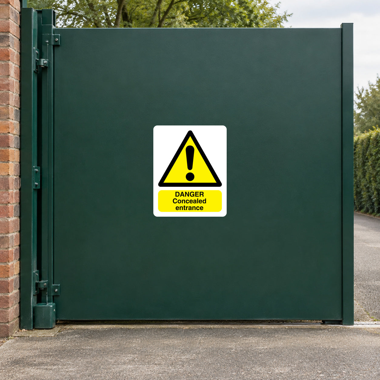 Concealed entrance warning sticker with yellow caution triangle and Danger concealed entrance text