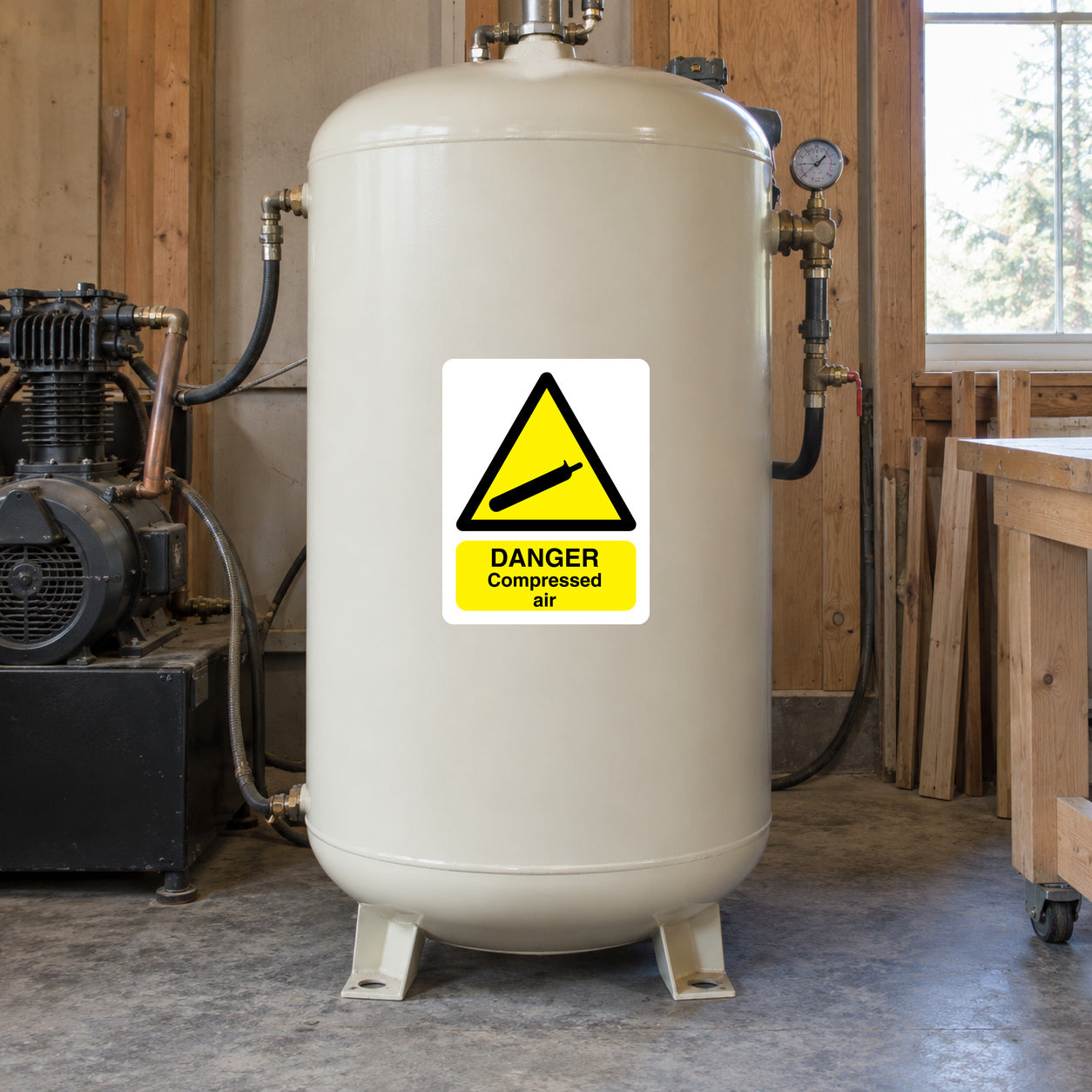 Danger compressed air warning sticker on a white pressure air tank, yellow and black sign