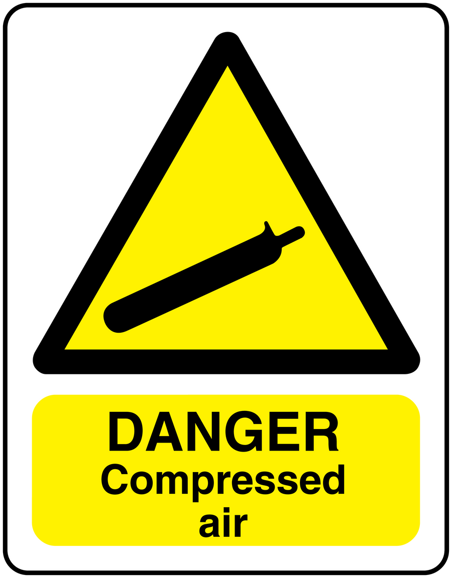 Danger compressed air warning sticker, yellow triangle and DANGER Compressed air text.