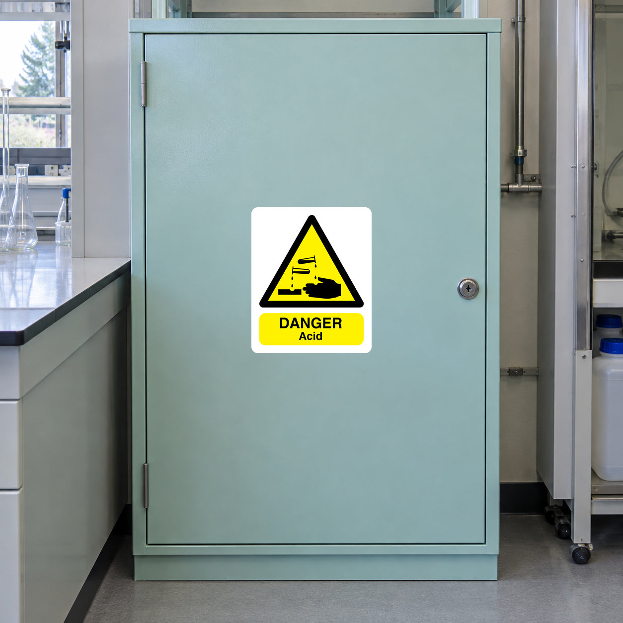 Danger Acid Sticker applied in Closed pale aqua acid cabinet in a university analytical laboratory, smooth single front door central, lock far right, white tiled bench far left.