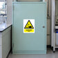 Danger Acid Sticker applied in Closed pale aqua acid cabinet in a university analytical laboratory, smooth single front door central, lock far right, white tiled bench far left.