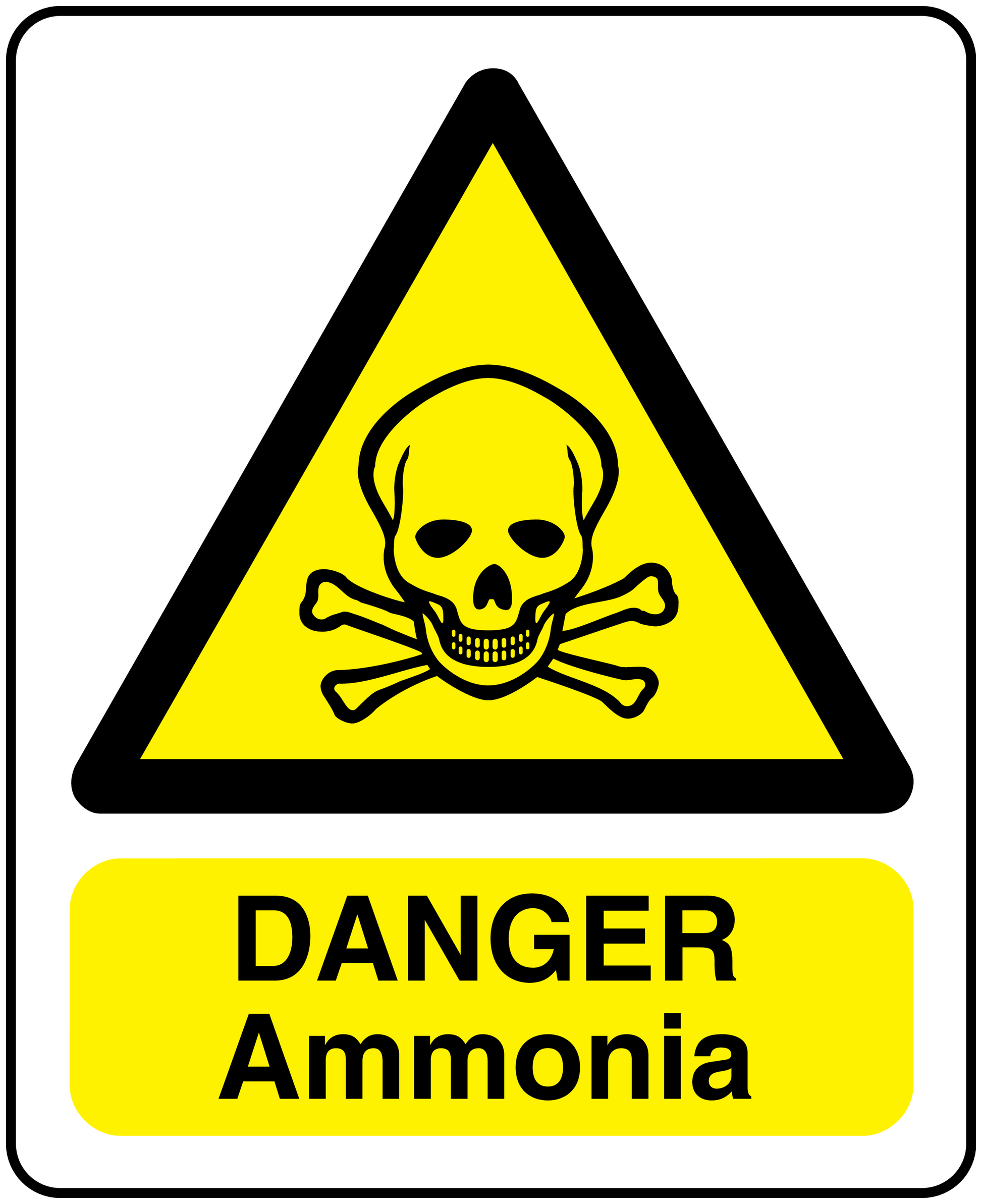 Danger Ammonia poison warning sticker with yellow triangle and skull crossbones icon