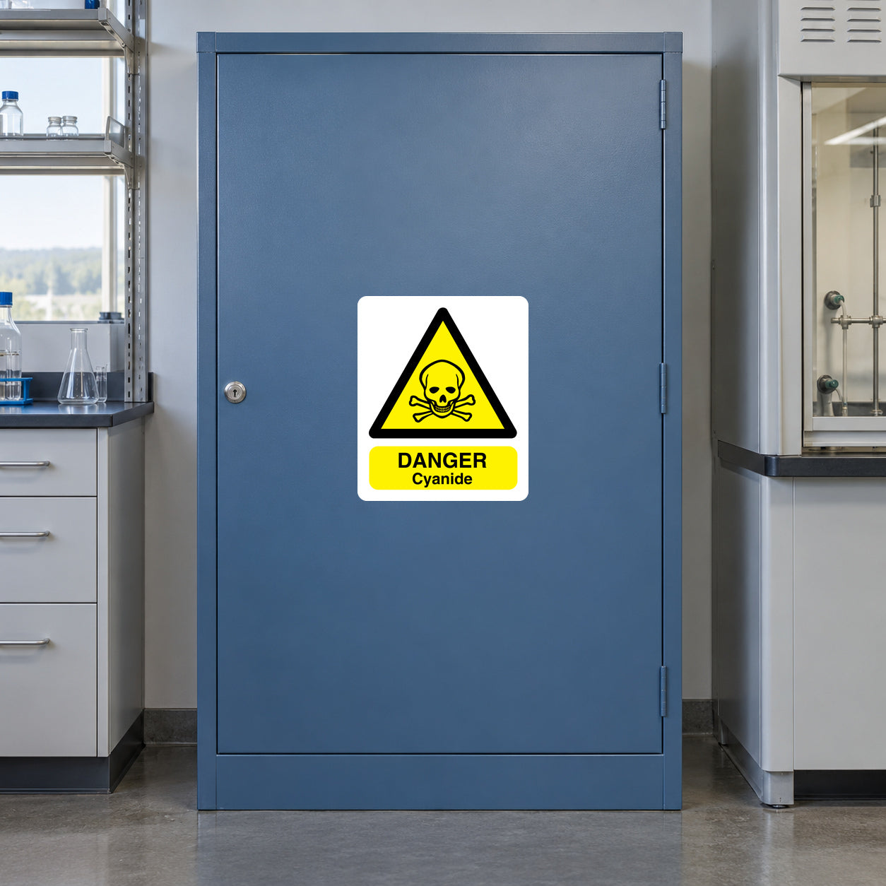 Danger cyanide warning sticker with yellow hazard triangle and DANGER Cyanide text
