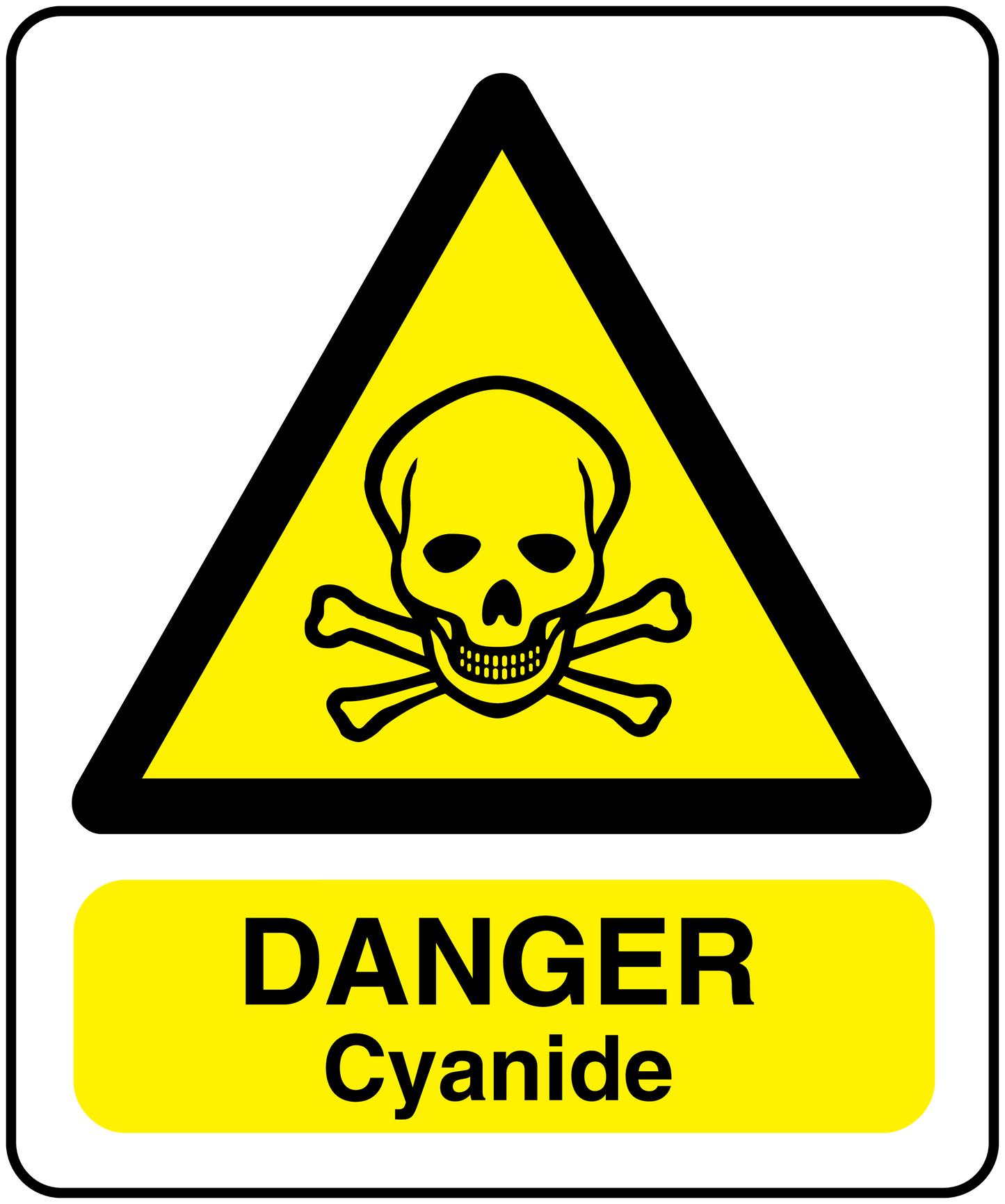 Hazard warning sticker: yellow triangle skull & crossbones, 'DANGER Cyanide' label