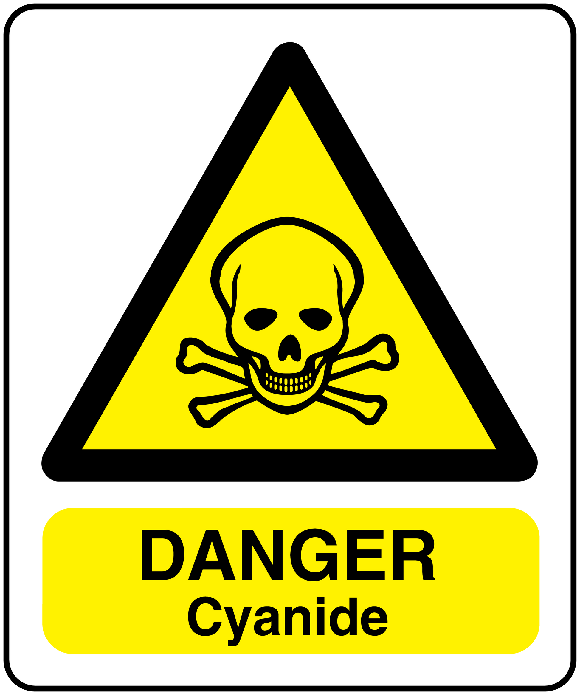 Hazard warning sticker: yellow triangle skull & crossbones, 'DANGER Cyanide' label