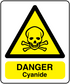 Hazard warning sticker: yellow triangle skull & crossbones, 'DANGER Cyanide' label