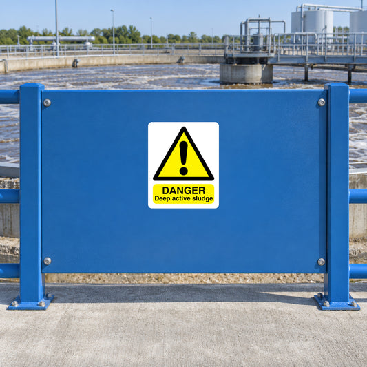 Rectangular danger warning sticker with yellow triangle exclamation and Deep active sludge.