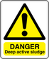 Danger deep active sludge rectangle sticker with yellow warning triangle and DANGER text