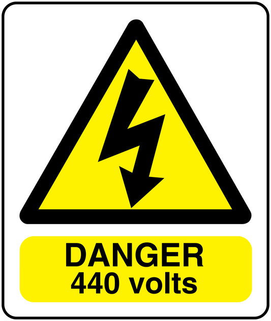 Danger 440 volts sticker with yellow hazard triangle, lightning icon, and 'DANGER 440 VOLTS' text