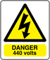 Danger 440 volts sticker with yellow hazard triangle, lightning icon, and 'DANGER 440 VOLTS' text
